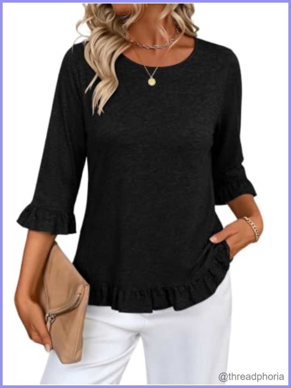 Womens 3/4 Ruffle Sleeve Blouse Ruffle Hem Tunic Top Casual Fall Shirt